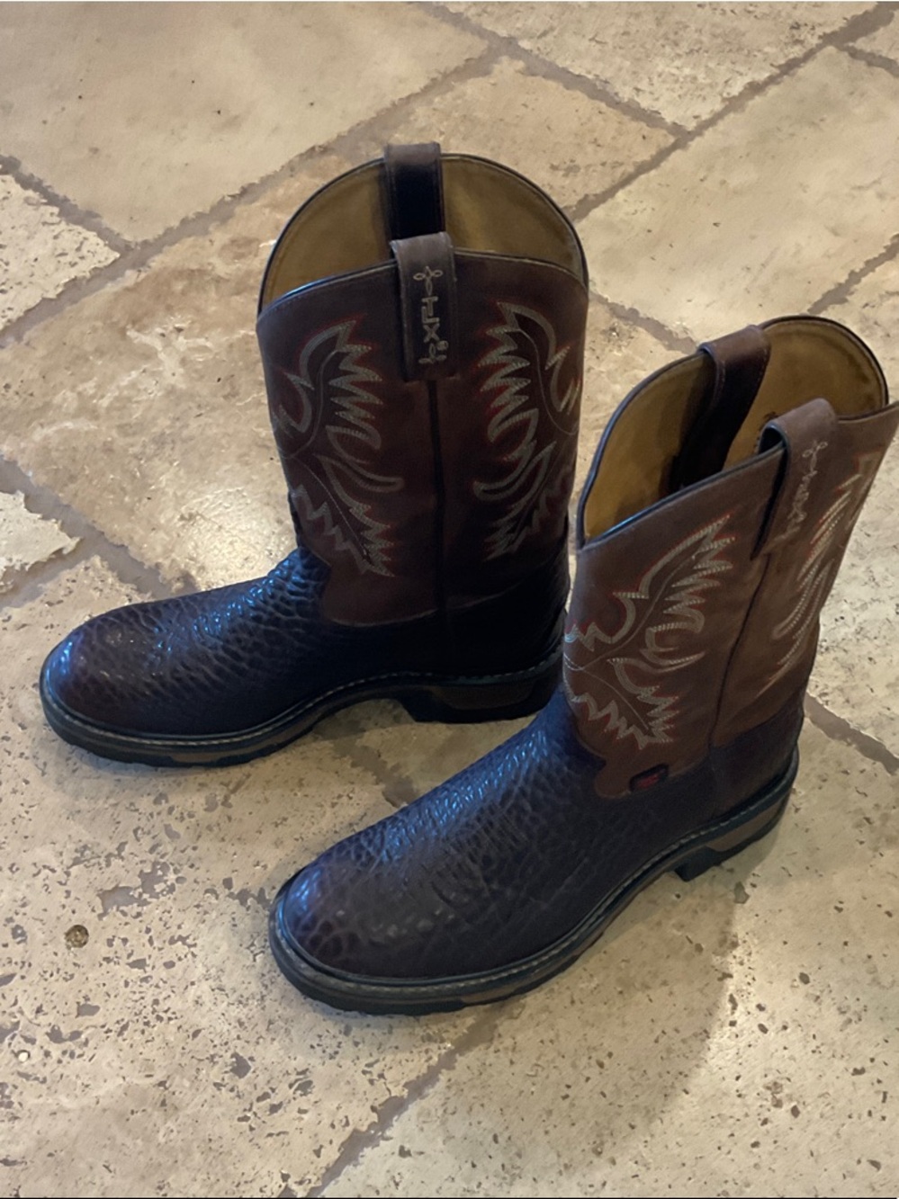 Tony Lama Brown Textured Leather Western Boots with Embroidered Shaft